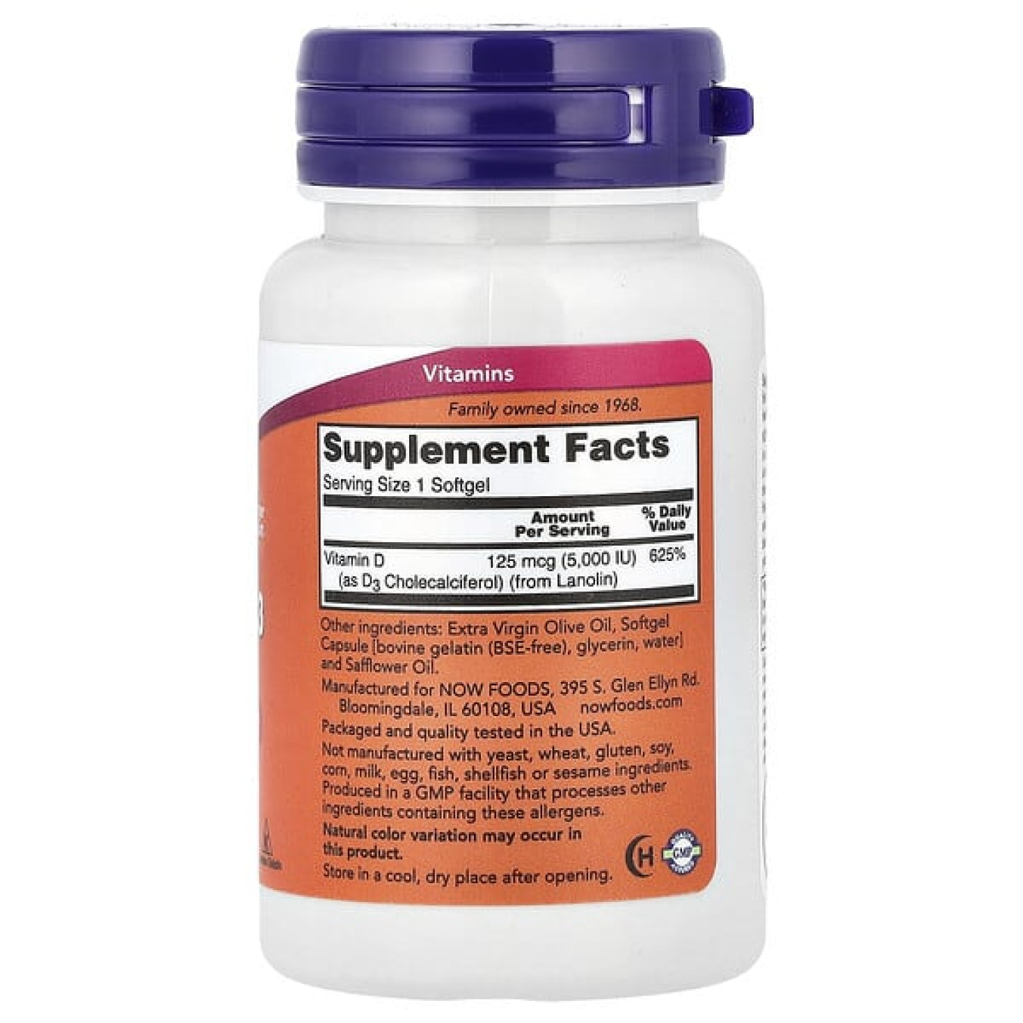 NOW Foods, Витамин D3, высокая эффективность, 125 мкг (5000 МЕ), 240 мягких таблеток