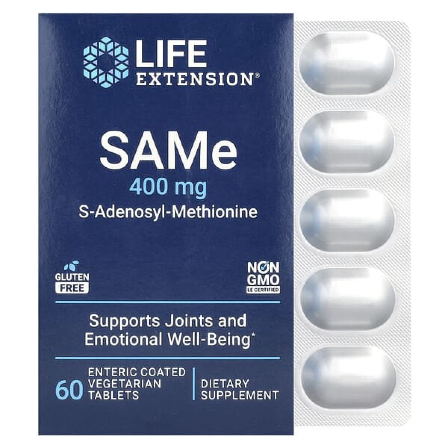 Life Extension, SAMe, S-аденозилметионин, 400 мг, 60 вегетарианских таблеток, покрытых кишечнорастворимой оболочкой