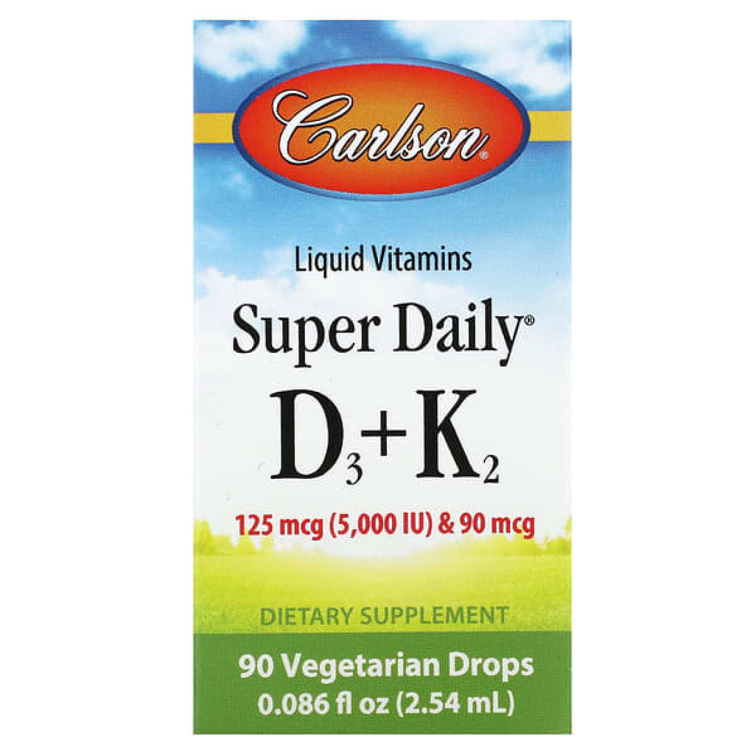 Carlson, Super Daily® D3 + K2, 125 мкг (5000 МЕ) и 90 мкг, 2,54 мл (0,086 жидк. унции)