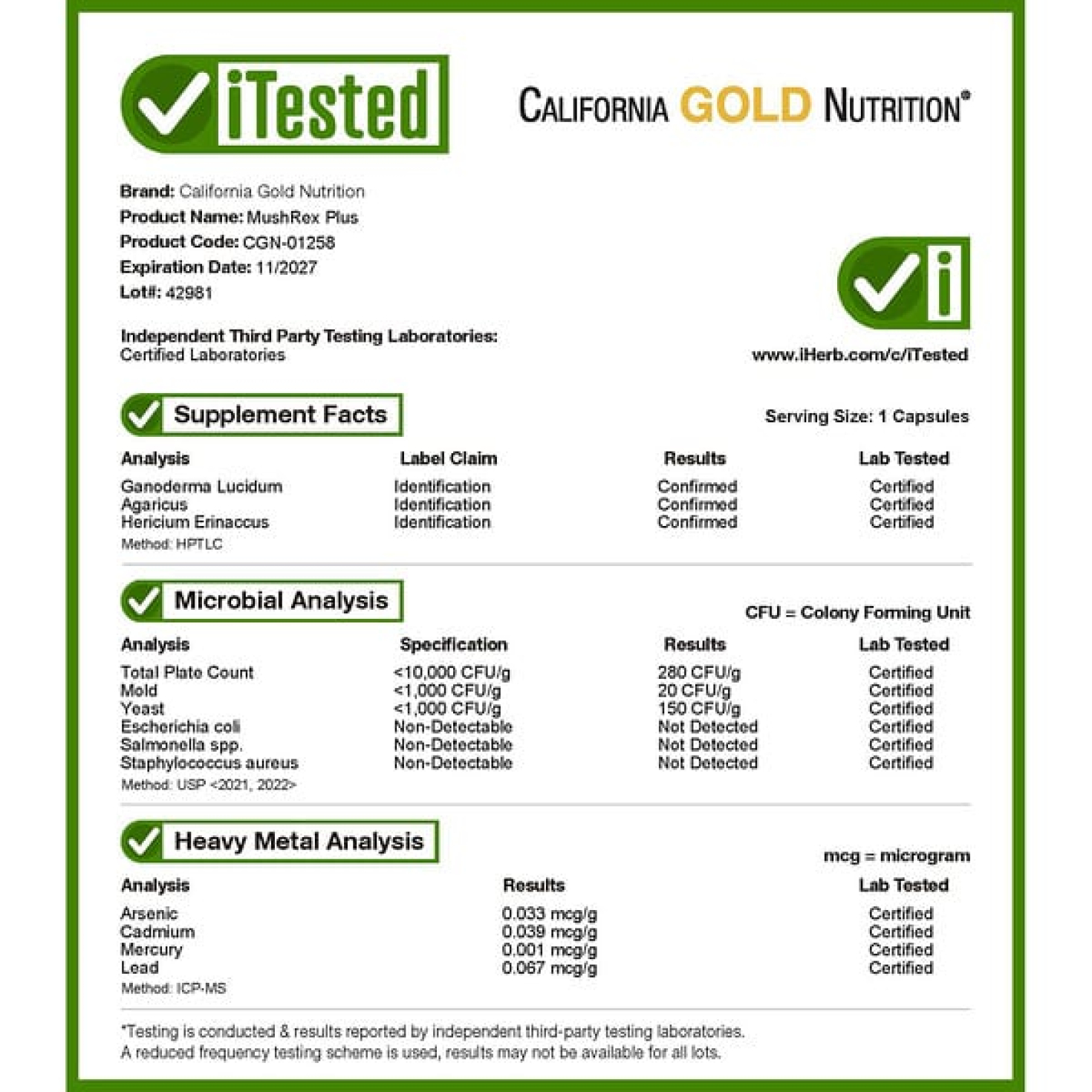 California Gold Nutrition, Fungiology, MushRex Plus, комплекс из 10 грибов полного спектра с агариком, чагой, кордицепсом и ежовиком гребенчатым, 120 капсул Plantcaps
