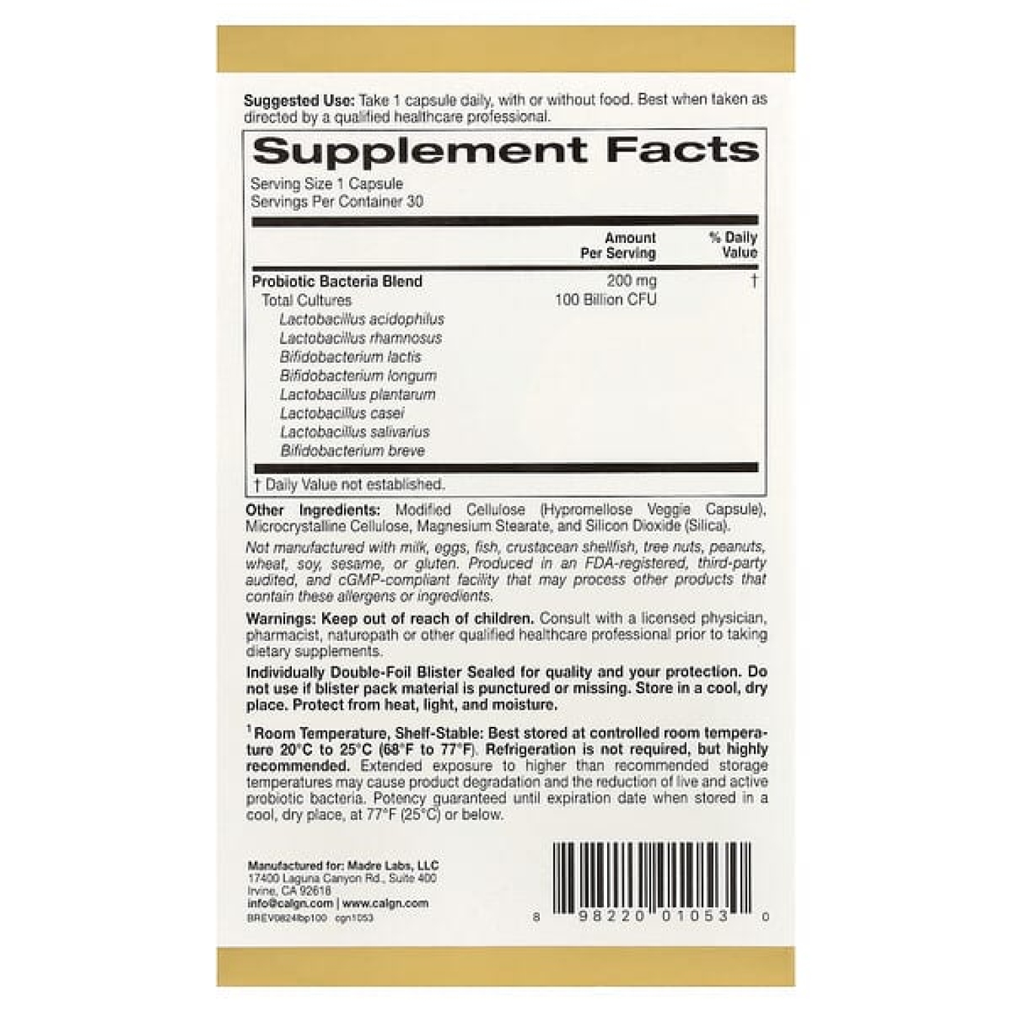 California Gold Nutrition, LactoBif® 100, пробиотики, 100 млрд КОЕ, 30 растительных капсул