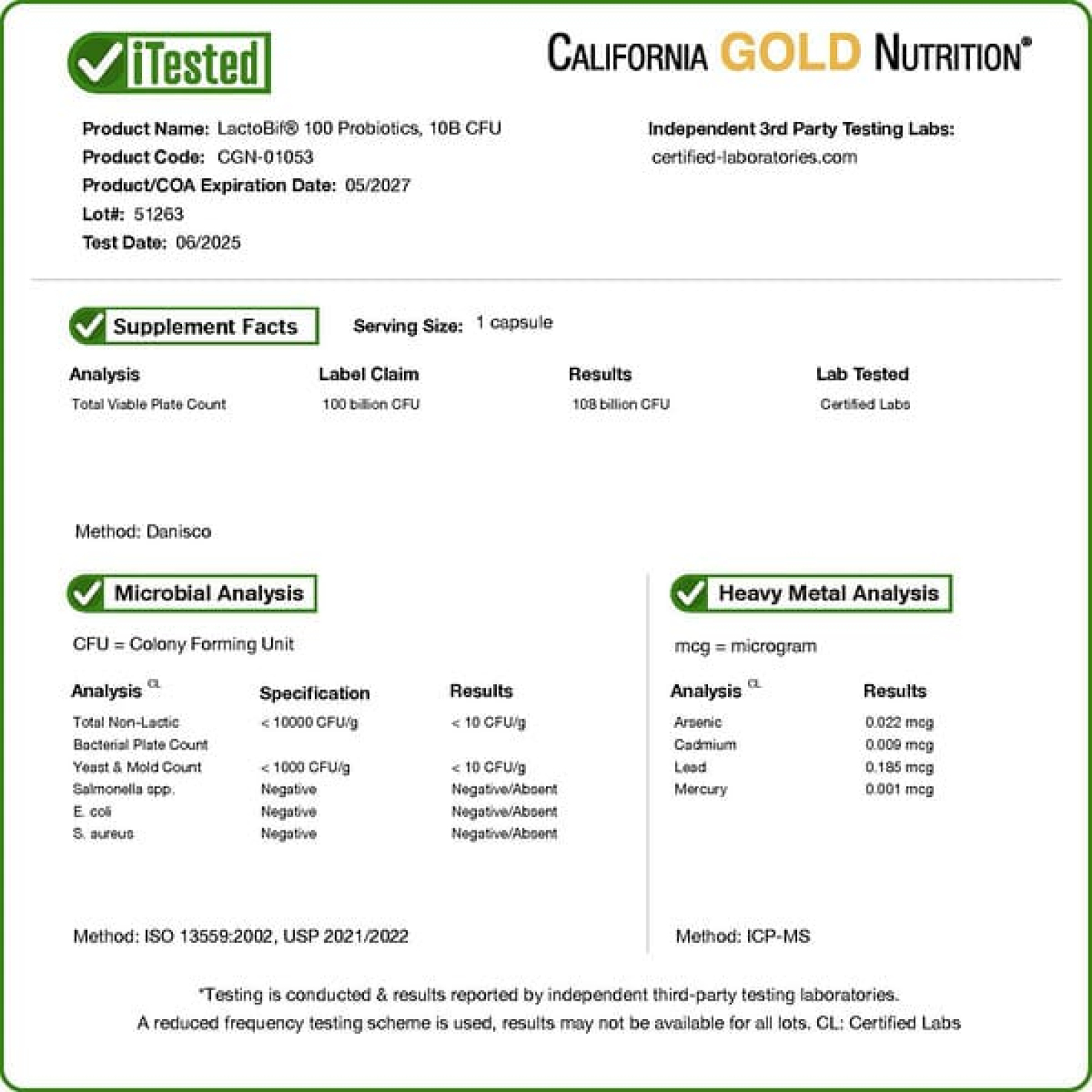 California Gold Nutrition, LactoBif® 100, пробиотики, 100 млрд КОЕ, 30 растительных капсул