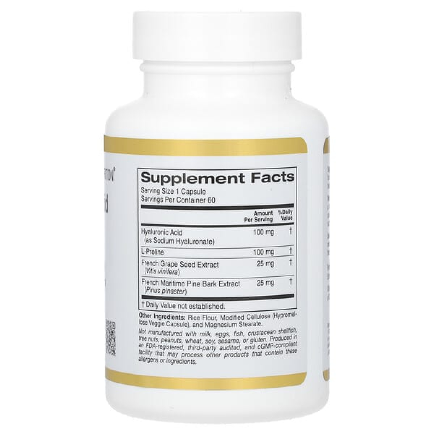 California Gold Nutrition, комплекс гиалуроновой кислоты с L-пролином, экстрактом косточек французского винограда и коры французской приморской сосны, 60 растительных капсул