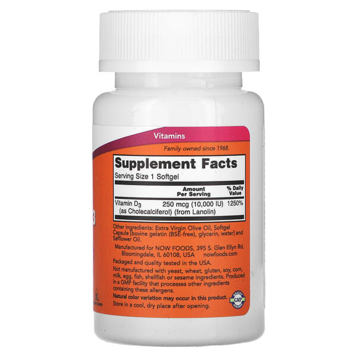NOW Foods, витамин D3, высокоактивный, 10 000 МЕ, 120 капсул