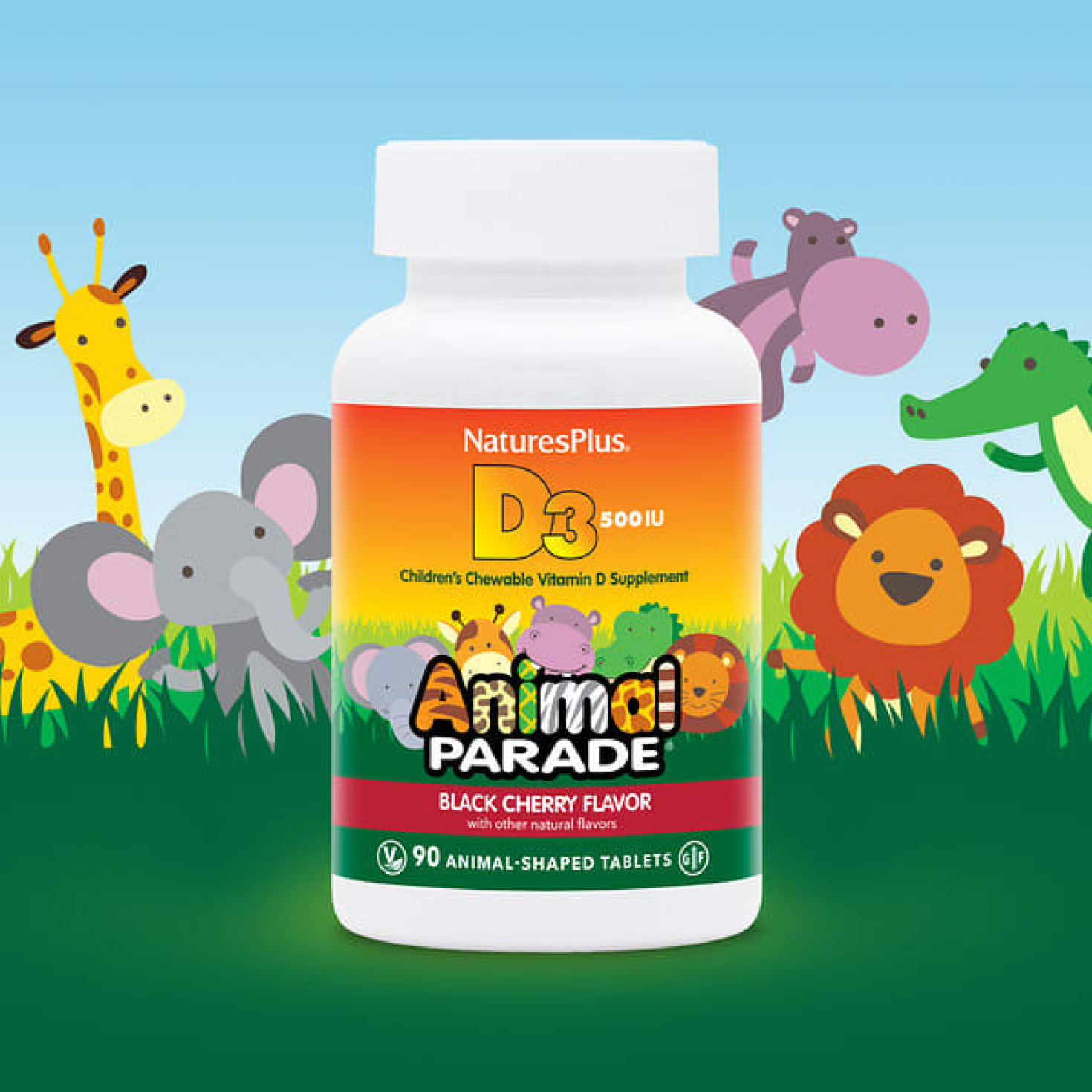 NaturesPlus, Source of Life, Animal Parade, витамин D3, со вкусом натуральной черешни, 500 МЕ, 90 таблеток в форме животных