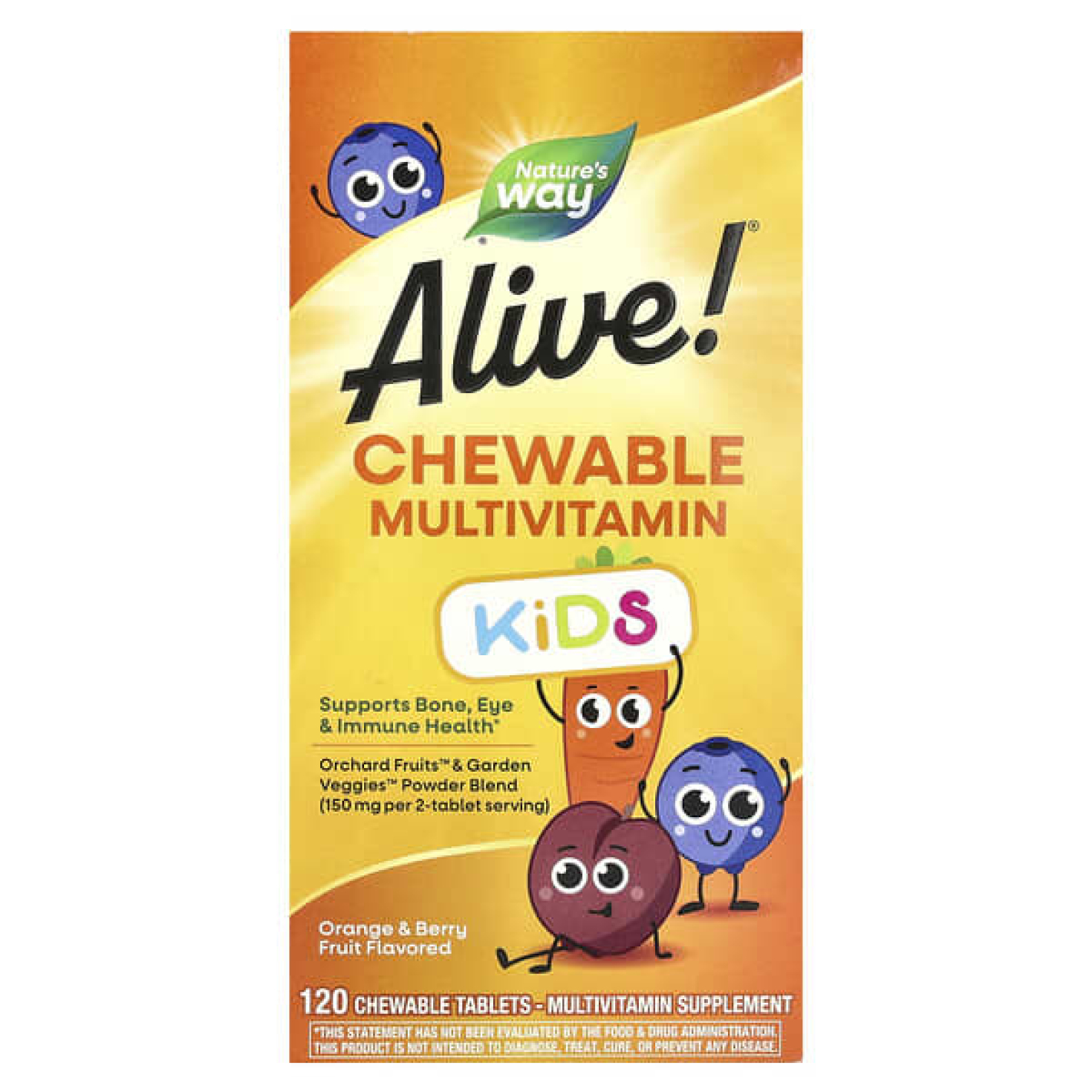 Nature's Way, Alive!®, жевательные мультивитамины для детей от 2 лет, со вкусом апельсина и ягод, 120 жевательных таблеток