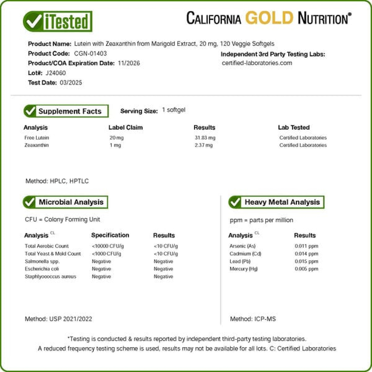 California Gold Nutrition, лютеин с зеаксантином из экстракта бархатцев, 20 мг, 120 растительных капсул