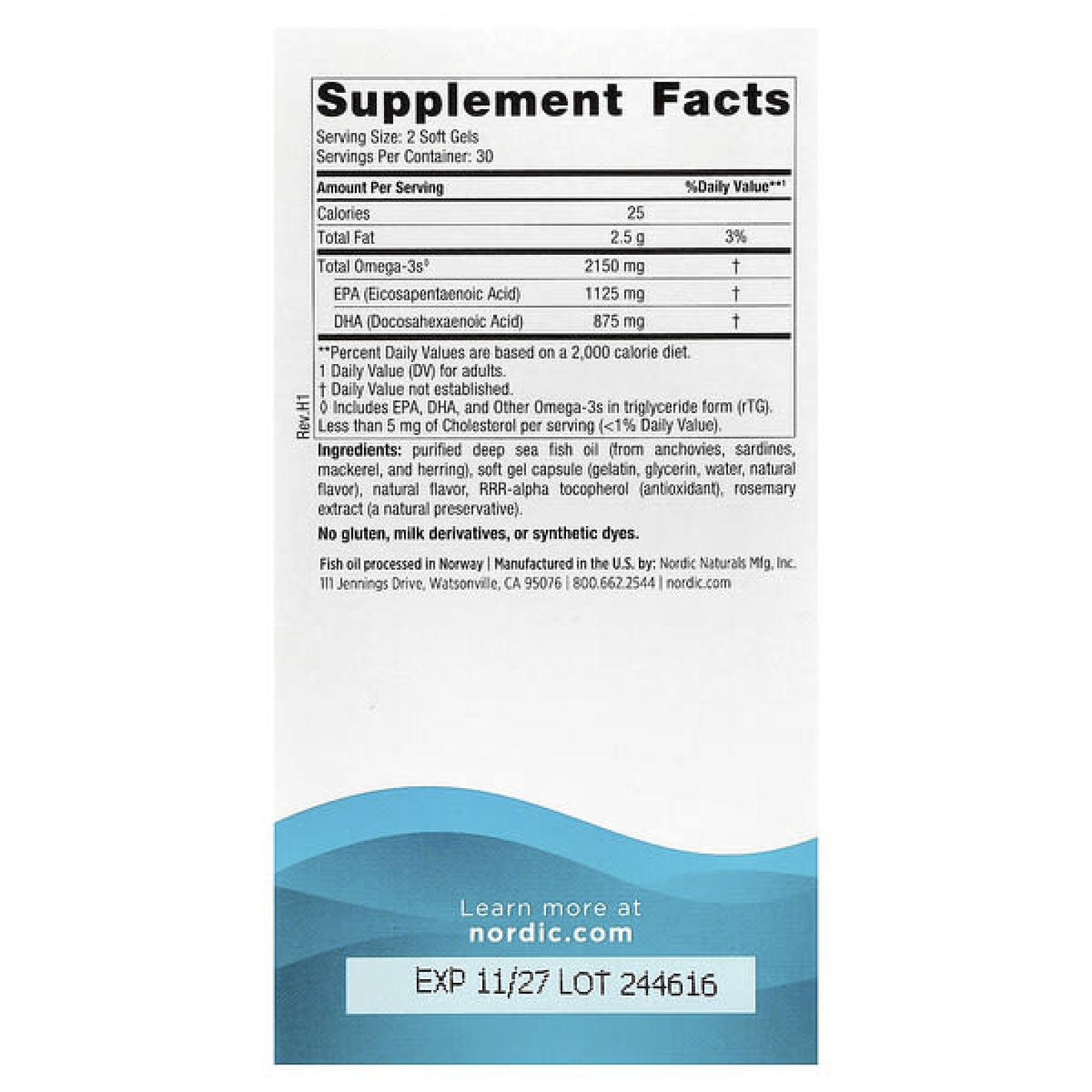 Nordic Naturals, Ultimate Omega 2X, со вкусом лимона, 2150 мг, 60 капсул (1075 мг в 1 капсуле)