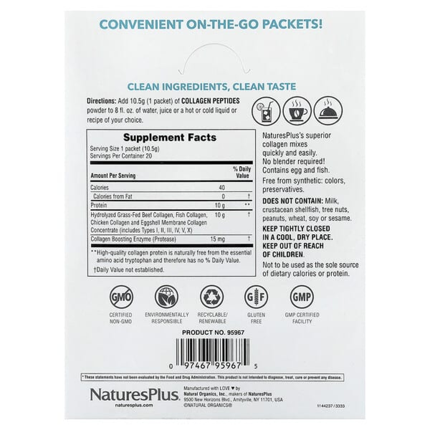 NaturesPlus, Пептиды коллагена, 20 пакетиков, 0,37 унции (10,5 г) каждый